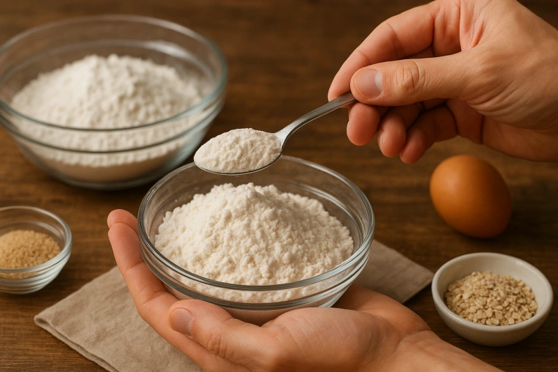 manos midiendo ingredientes harina y azúcar sobre mesa