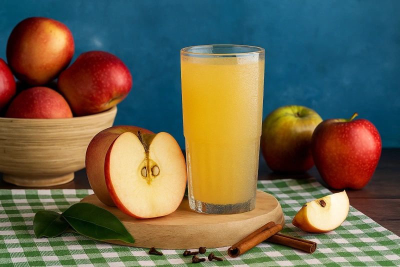 Refrescante agua de manzana servida en vaso con hielo