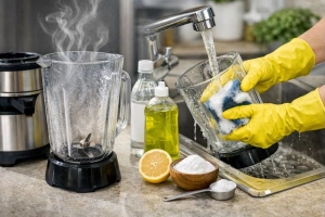 Vaso de licuadora limpio sin mal olor en la cocina