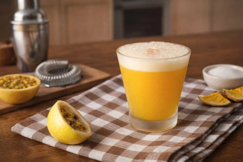 Cóctel refrescante de maracuyá sour servido en vaso elegante