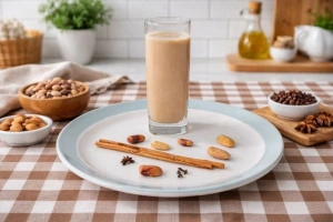 Delicioso ponche de habas servido en vaso alto humeante y al costado algunas especias