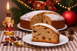 Queque navideño de frutas con glaseado y cerezas