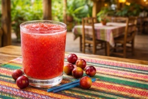 Refresco de camu camu servido en vaso con hielo y rodajas