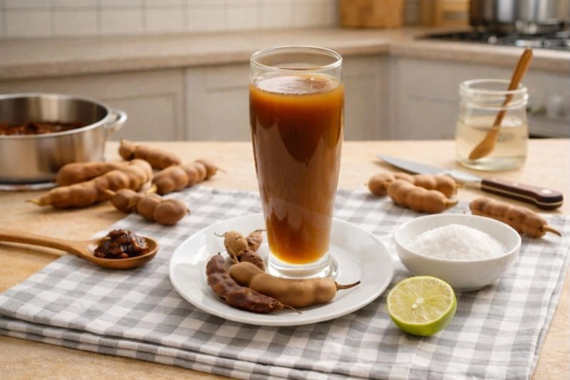 Refresco de tamarindo servido en un vaso con hielo
