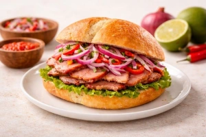 Deliciosa butifarra limeña con pan y salsa criolla