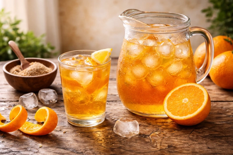 Refrescante agua de cáscara de naranja en vaso transparente