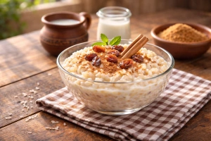 Arroz con leche mexicano cremoso y casero en tazón blanco