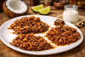 Cocadas piuranas tradicionales con chancaca y coco fresco.